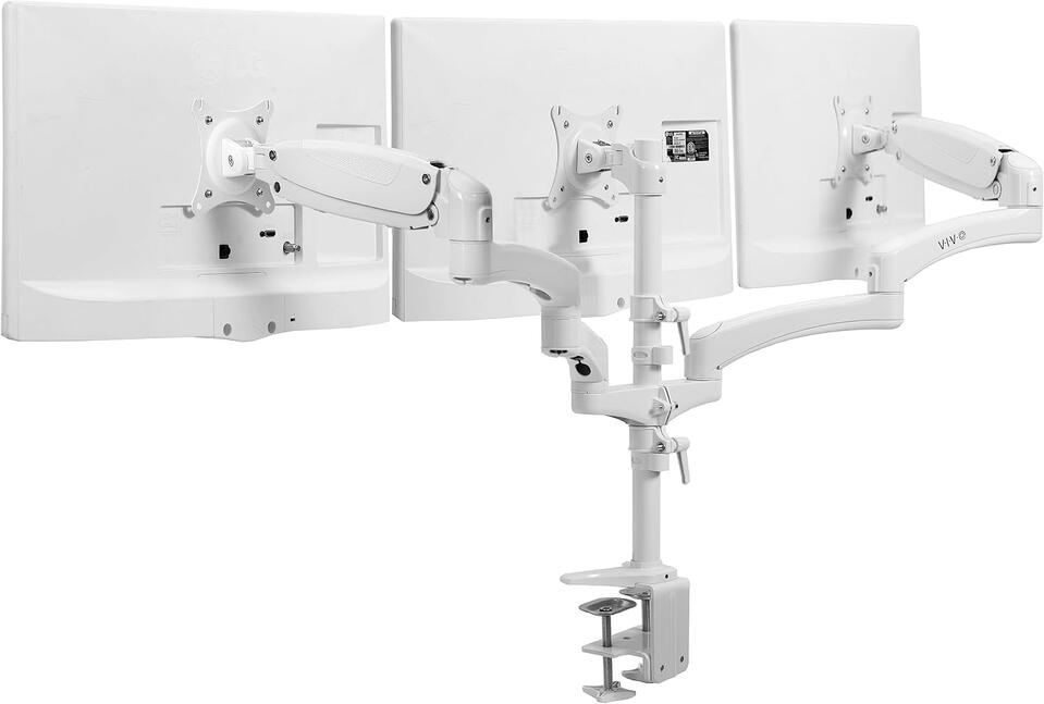 VIVO 17 to 32 inch Triple Pneumatic Monitor Mount, 2 Pneumatic Arms, 1 Fixed, Adjustable Swivel, Rotation, Heavy Duty VESA Desk Stand with C-clamp, Max VESA 100x100, White, STAND-V300GW